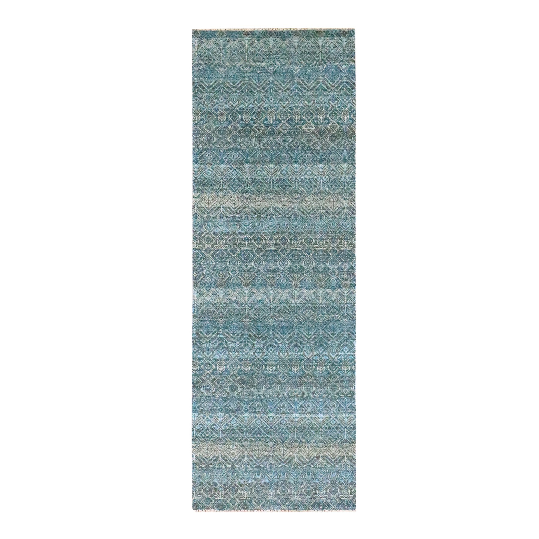 2'6"x7'7" Jasper Blue, Tone On Tone, Kohinoor Herat with Small Geometric Repetitive Diamond Design, Soft Wool, Hand Knotted, Runner, Oriental Rug 